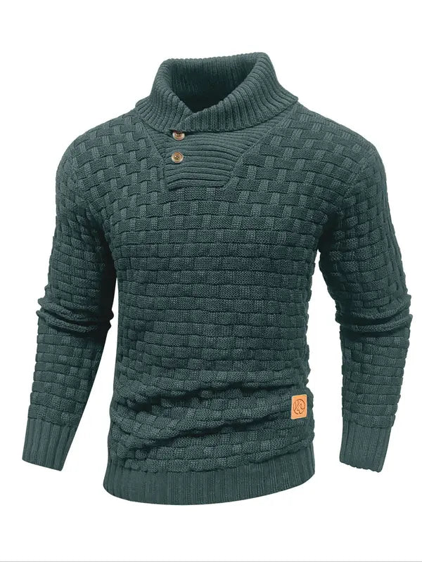 Men's Regular Textured Patched Detail Shawl Collar Sweater