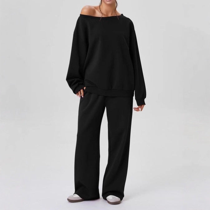 Women's casual solid color off-the-shoulder long-sleeved set